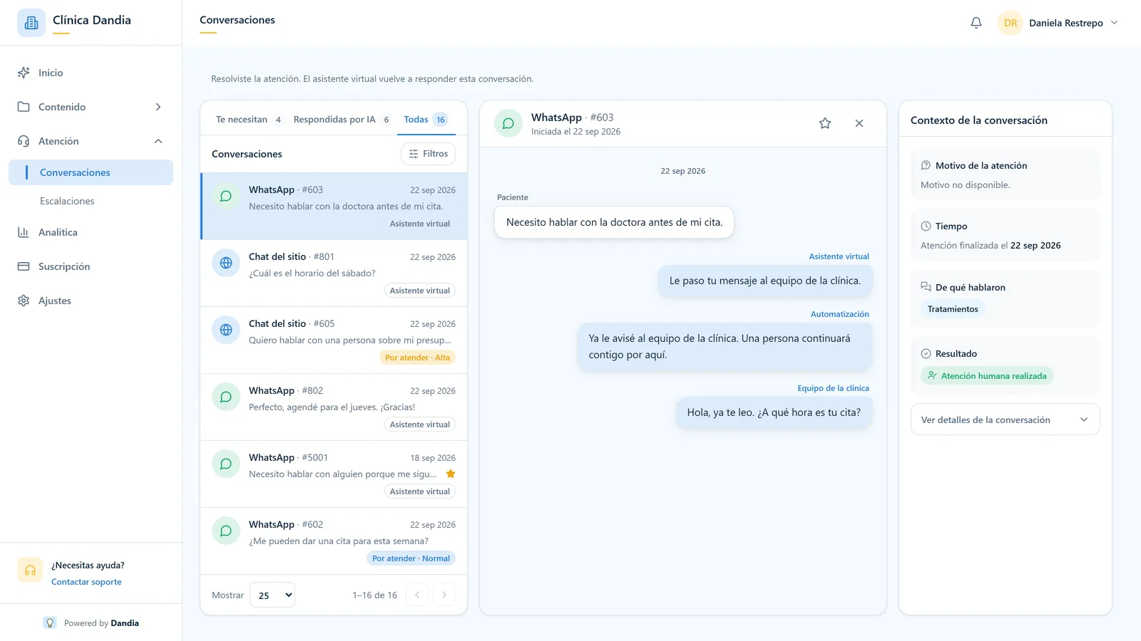 Portal de Dandia: bandeja de conversaciones de WhatsApp, chat del sitio y widget, con la conversación #603 abierta y su contexto.